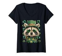 Femme Raton Laveur Irlandais avec Lunettes de Soleil Trèfle Jour de la Saint-Patrick T-Shirt avec Col en V
