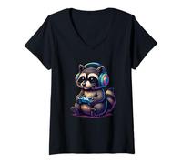 Femme Raton laveur mignon console drôle vidéo jeu graphique zocker mode T-Shirt avec Col en V