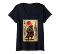 Femme Raven Samurai Warrior Japanese Crow Vintage Graphic Ukiyo-e T-Shirt avec Col en V