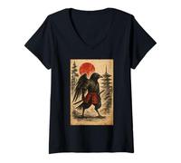 Femme Raven Samurai Warrior Japanese Vintage Graphic Ukiyo-e Art T-Shirt avec Col en V