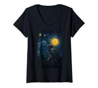 Femme Raven Under Starry Night Moon Fantasy Art Scene T-Shirt avec Col en V