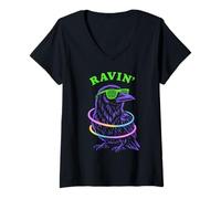 Femme Ravin Raven EDM Techno Party Raver psychédélique Halloween T-Shirt avec Col en V