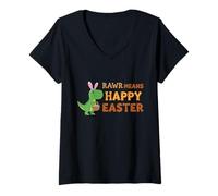 Femme Rawr Means Happy Easter Funny T-Rex Dinosaure Oreilles de Lapin T-Shirt avec Col en V