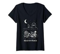 Femme Read In Peace - Motif squelette amusant pour les amateurs de livres T-Shirt avec Col en V
