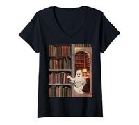 Femme Reading Ghost - Spooky Library Halloween Tee T-Shirt avec Col en V