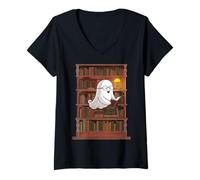 Femme Reading Ghost - Spooky Library Halloween Tee T-Shirt avec Col en V