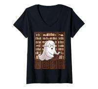 Femme Reading Ghost - Spooky Library Halloween Tee T-Shirt avec Col en V