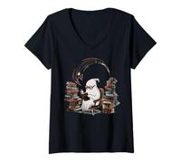 Femme Reading Ghost - Spooky Library Halloween Tee T-Shirt avec Col en V