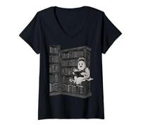 Femme Reading Ghost - Spooky Library Halloween Tee T-Shirt avec Col en V