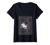 Femme Reading Ghost - Spooky Library Halloween Tee T-Shirt avec Col en V