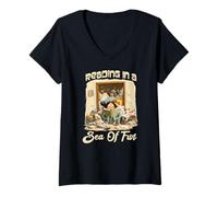Femme Reading in a Sea of Fur T-Shirt avec Col en V