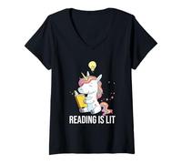 Femme Reading is Lit Unicorn Library, Professeur d'anglais, Amateur de Livres T-Shirt avec Col en V