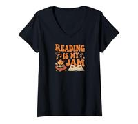 Femme Reading is My Jam Book Lover Groovy Music Notes Retro T-Shirt avec Col en V