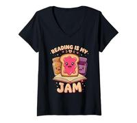 Femme Reading Is My Jam Funny Books Library Bookworm Literature T-Shirt avec Col en V