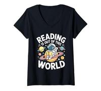 Femme Reading is Out of This World Astronaute Planet Book Lover T-Shirt avec Col en V
