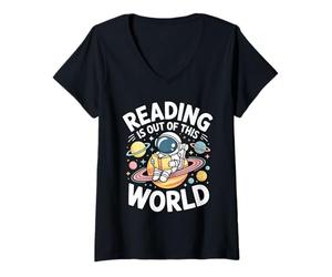 Femme Reading is Out of This World Astronaute Planet Book Lover T-Shirt avec Col en V