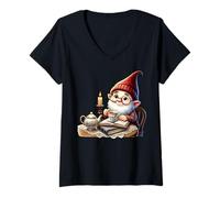Femme Reading Teacher Gnome With Cup Of Tea And Book For Librarian T-Shirt avec Col en V