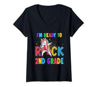 Femme Ready to Rock 2nd Grade Dabbing Unicorn Back to School T-Shirt avec Col en V