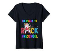 Femme Ready to Rock Preschool Dabbing Unicorn Back to School T-Shirt avec Col en V