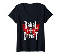 Femme Rebel for Christ-Jesus Cross Gothic Y2K Streetwear Punk T-Shirt avec Col en V