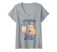 Femme Recharge My Social Battery Cute Kawaii Capybara T-Shirt avec Col en V