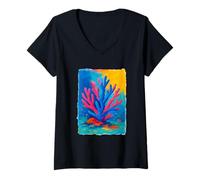 Femme Récif de Corail coloré océan Vibrant mer côtier Art Marin T-Shirt avec Col en V
