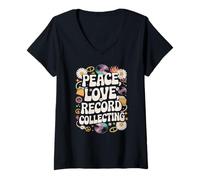 Femme Record Collector - Collection de disques rétro années 60 et 70 - Peace Love T-Shirt avec Col en V