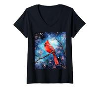 Femme Red Cardinal Bird Blue Starry Night Pink Floral Sky Flower T-Shirt avec Col en V