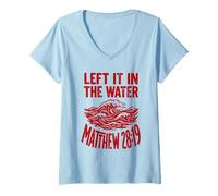 Femme Red Groovy Wave l'a laissée dans l'eau Matthieu 28:19 T-Shirt avec Col en V