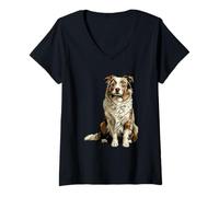 Femme Red Merle Illustration de Chien Berger Australien T-Shirt avec Col en V