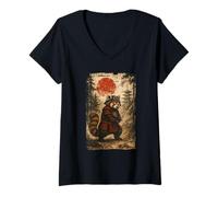 Femme Red Panda Samurai Warrior Japanese Vintage Graphic Ukiyo-e T-Shirt avec Col en V
