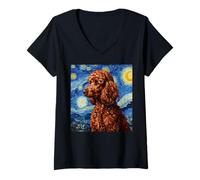 Femme Red Poodle Dog Van Gogh Style Starry Night T-Shirt avec Col en V