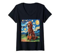 Femme Red Poodle Dog Van Gogh Style Starry Night T-Shirt avec Col en V