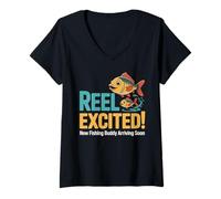Femme Reel Excited New Fishing Buddy arrive bientôt annonce T-Shirt avec Col en V