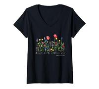 Femme Réfléchissez à la façon Dont Les Fleurs Sauvages Poussent (Luke 12, 27), Une Source d'inspiration. T-Shirt avec Col en V