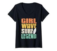 Femme Reine du Surf Rétro Légende de la Plage Océan T-Shirt avec Col en V