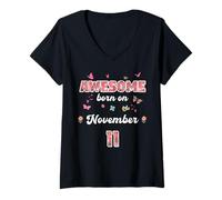 Femme Reine née en Novembre 11 Fleurs 11 Novembre Anniversaire T-Shirt avec Col en V