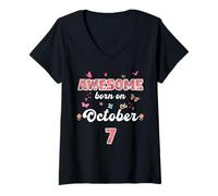 Femme Reine née Le 7 Octobre fleurit Le 7 Octobre Anniversaire T-Shirt avec Col en V