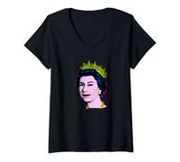 Femme Reine Pop Art Son Altesse Royale la Reine d'Angleterre T-Shirt avec Col en V
