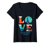 Femme Rejkjavic Islande Love Northern Lights Valentines Garçons Fille T-Shirt avec Col en V