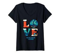 Femme Rejkjavic Islande Love Northern Lights Valentines Garçons Filles T-Shirt avec Col en V
