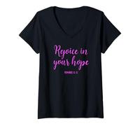 Femme Rejoice in Your Hope Romans 12 Écritures Bible Femme Rose T-Shirt avec Col en V