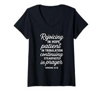 Femme Réjouissez-Vous dans l'espoir d'être Patient dans Les épreuves de la Foi Écriture prière T-Shirt avec Col en V