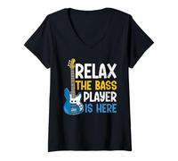 Femme Relax The Bass Player is Here Guitare Guitariste Bassist Musique T-Shirt avec Col en V
