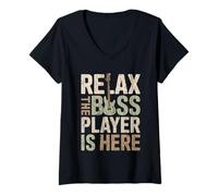 Femme Relax The Bass Player is Here Guitare Guitariste Bassist Musique T-Shirt avec Col en V