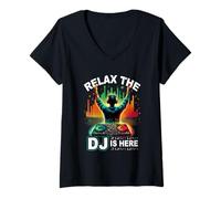 Femme Relax The DJ is Here Disque coloré Jockey Musique Party T-Shirt avec Col en V