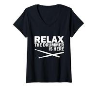 Femme Relax The Drummer is Here Drumming Drumming T-Shirt avec Col en V