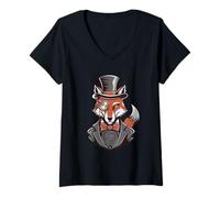 Femme Renard avec Chapeau Haut De Forme Monocle T-Shirt avec Col en V