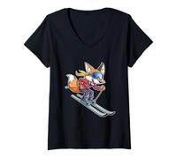Femme Renard Dessin Animé en Train de Skier avec Lunettes T-Shirt avec Col en V