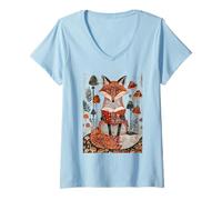 Femme Renard fantaisiste lisant dans Une scène de Livre d'histoires de forêt de Champignons T-Shirt avec Col en V